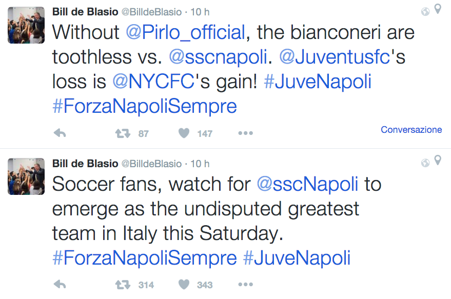 Un fan azzurro d’oltreoceano: Bill de Blasio tifa Napoli